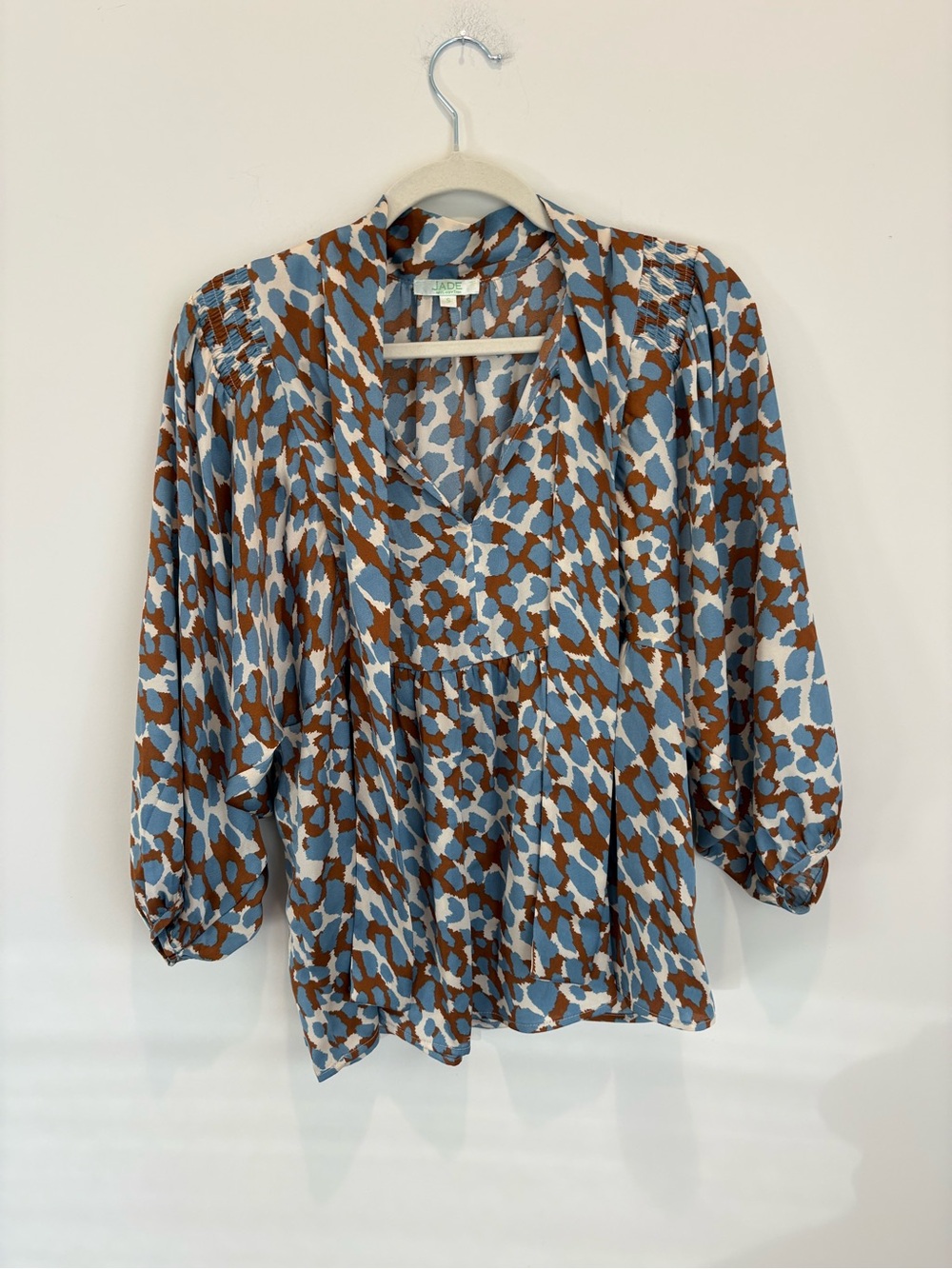 Jade Blue and Brown Abstract V-Neck Blouse